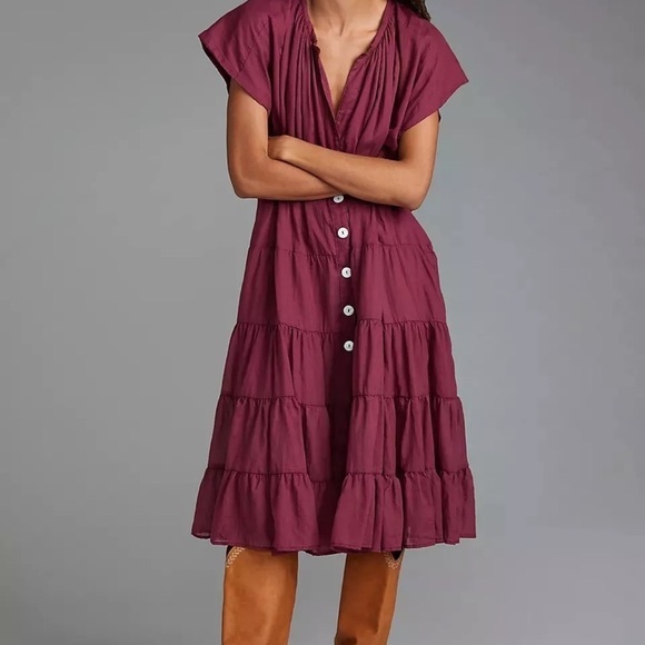 ERIKA‎ PENA Tiered Button Down Midi Dress Burgundy OS Bohemian - Picture 3 of 10